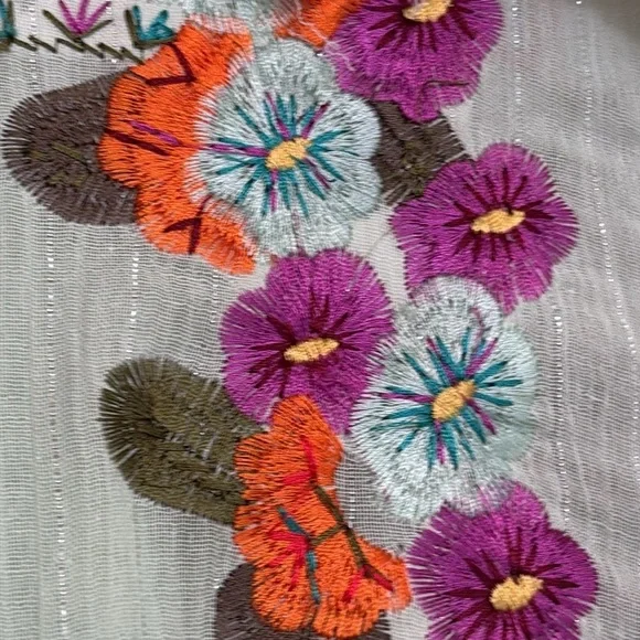 Aziz | Mint Green Floral Embroidered Metallic Thread Cotton Button Up Shirt M - Picture 12 of 17